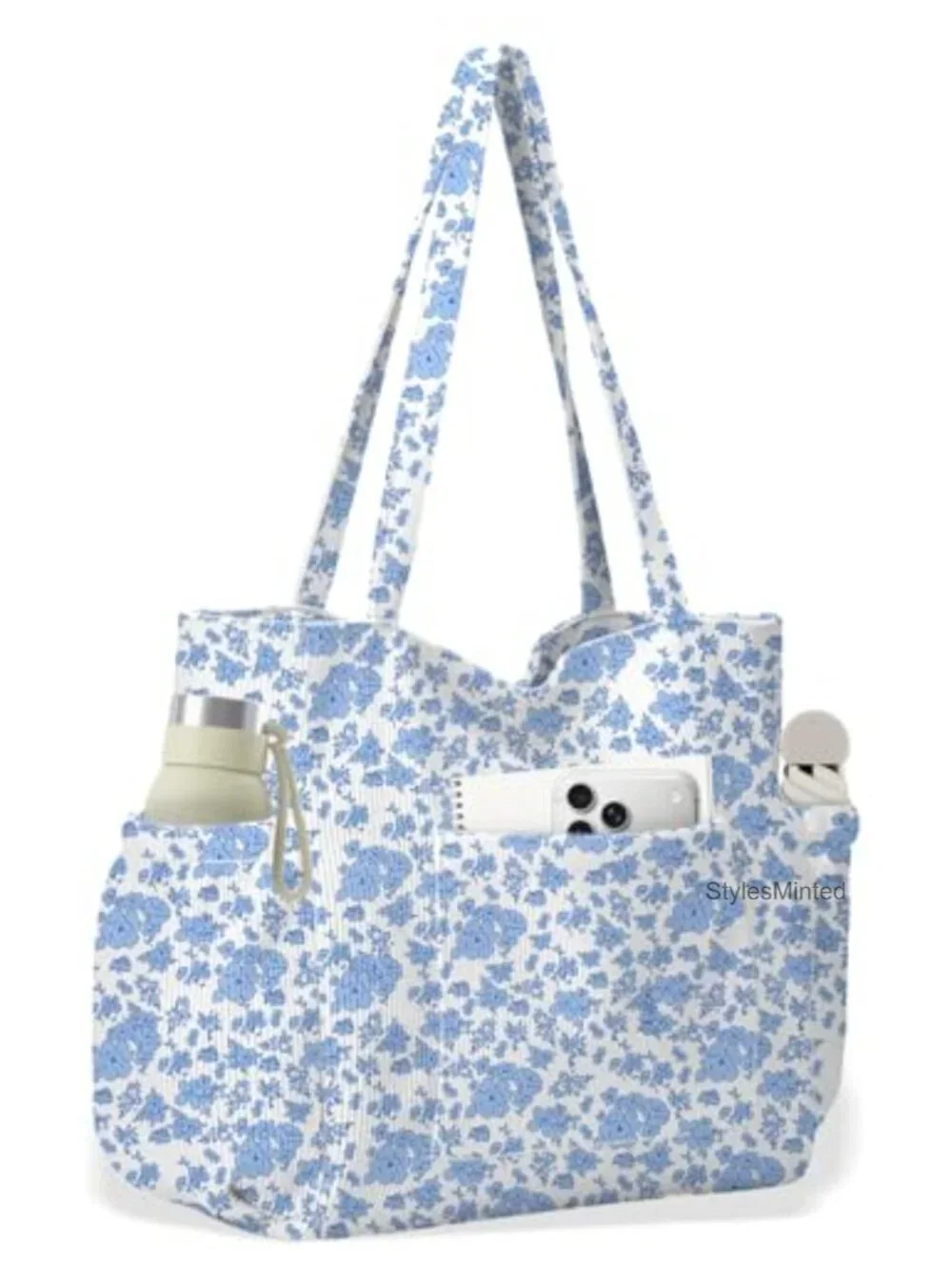 Corduroy Tote Bag with Zipper, Large Shoulder Handbag with Pockets for Work